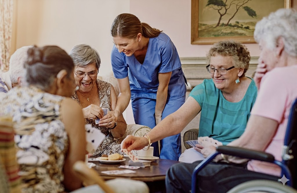 Care team engaging with residents at dining table