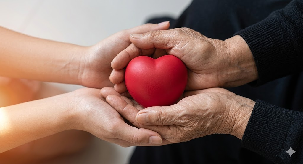 Elderly hands holding a heart, symbolizing care