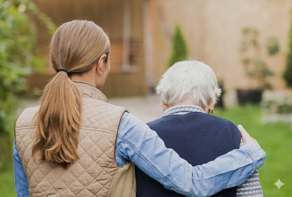 Caregiver walking with elderly resident outdoors