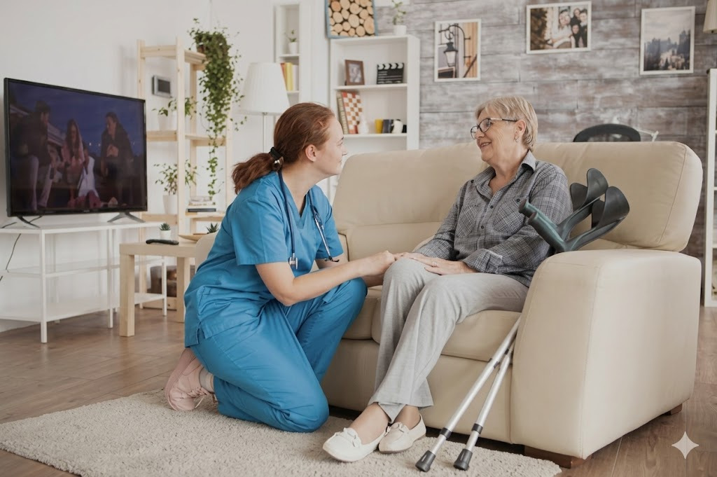 Caregiver talking with elderly resident on sofa